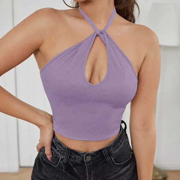 Cut Out Halter Crop Top Boho Chic Lilac Black - Picture 2 of 12